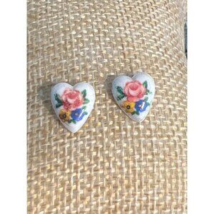 Vintage Porcelain Ceramic Heart Stud Earrings Hand Painted Pierced Estate 3/8"